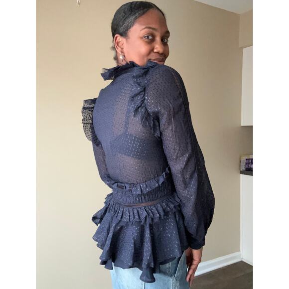 Johnathan Simkhai Navy Semi Sheer Chiffon Ruffle Blouse Size Medium - Picture 1 of 12